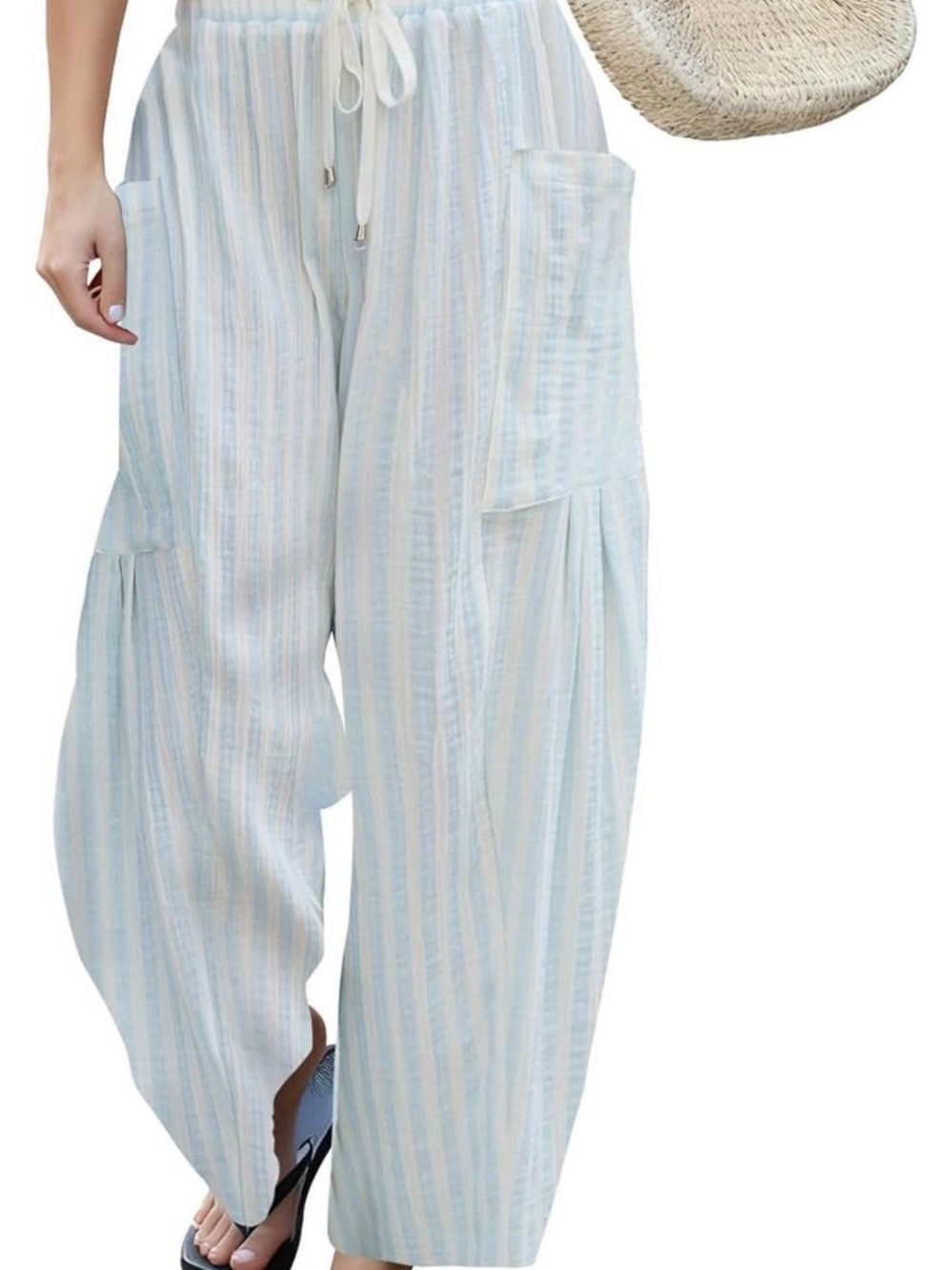 Light Blue Striped Wide Leg Drawstring Pants